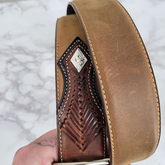 Nocona Men's Tan Top Hand Leather Western Belt with Concho Laced Billet - Picture 3 of 14